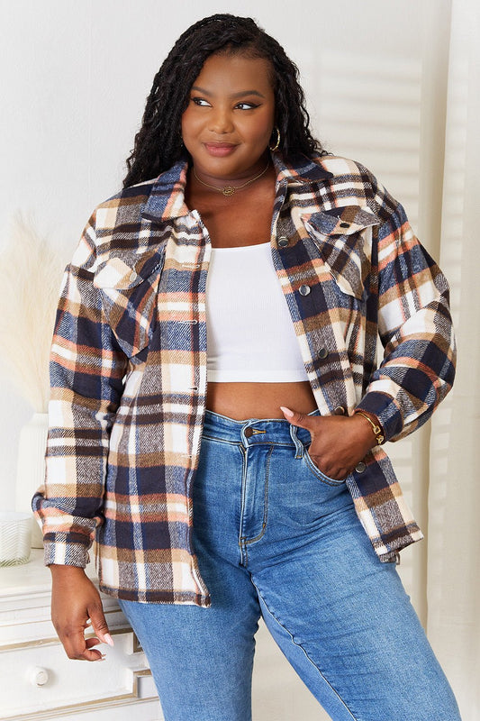 Double Take - Plaid Button Front Shirt Jacket in Dark Blue