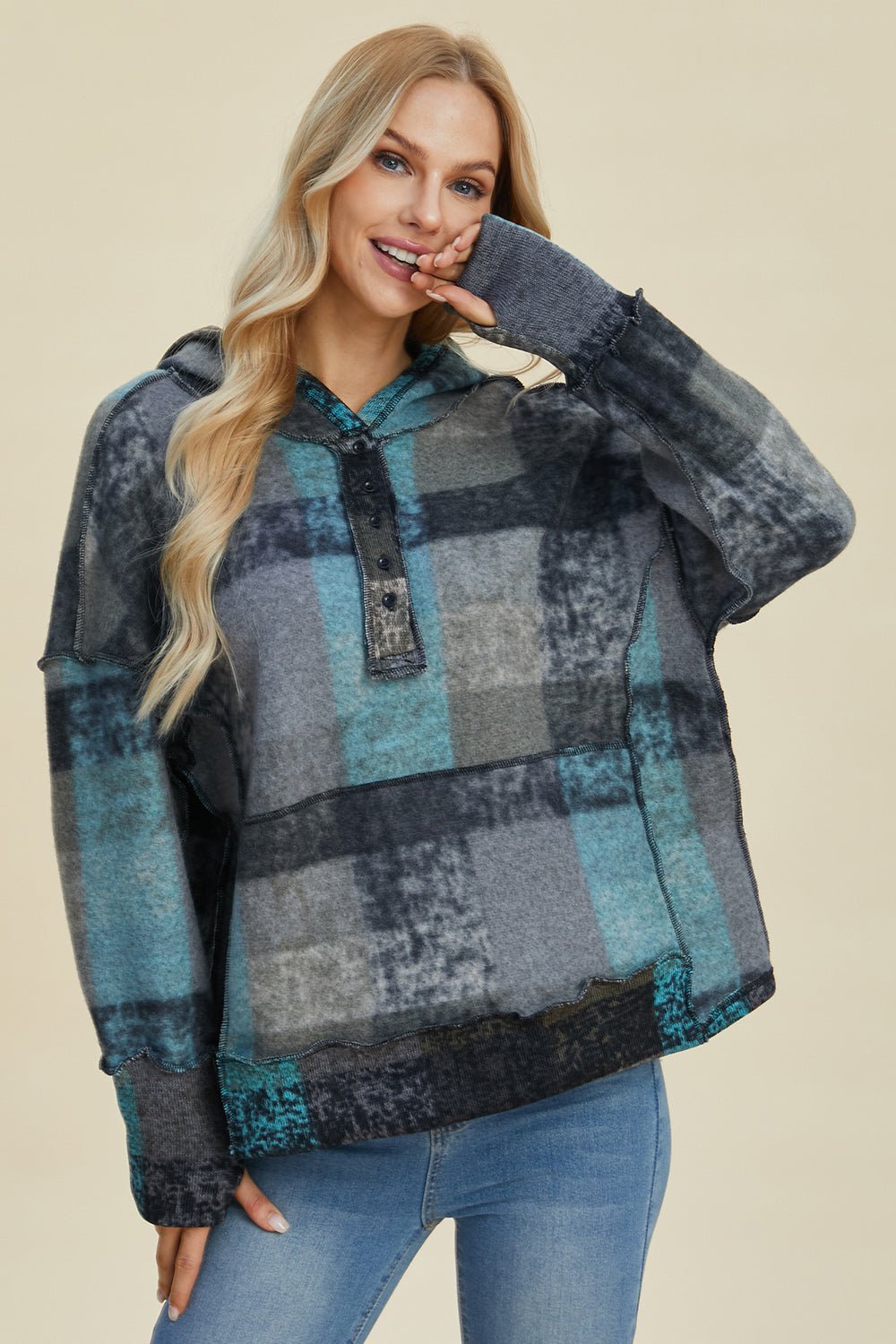 Double Take - Plaid Dropped Shoulder Hoodie