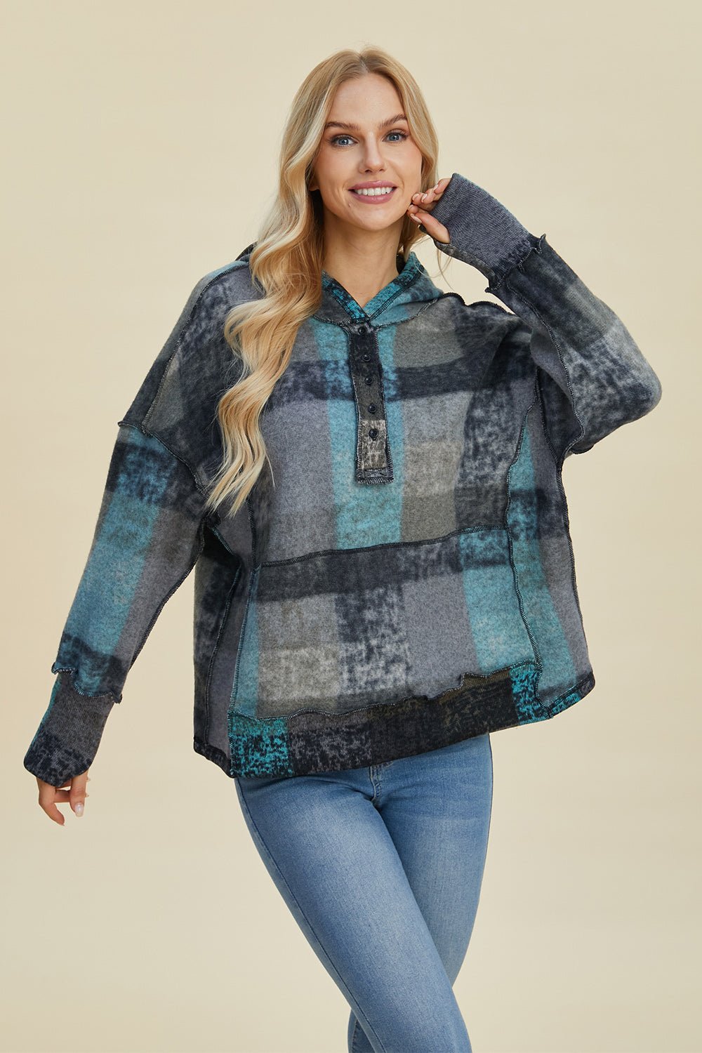 Double Take - Plaid Dropped Shoulder Hoodie