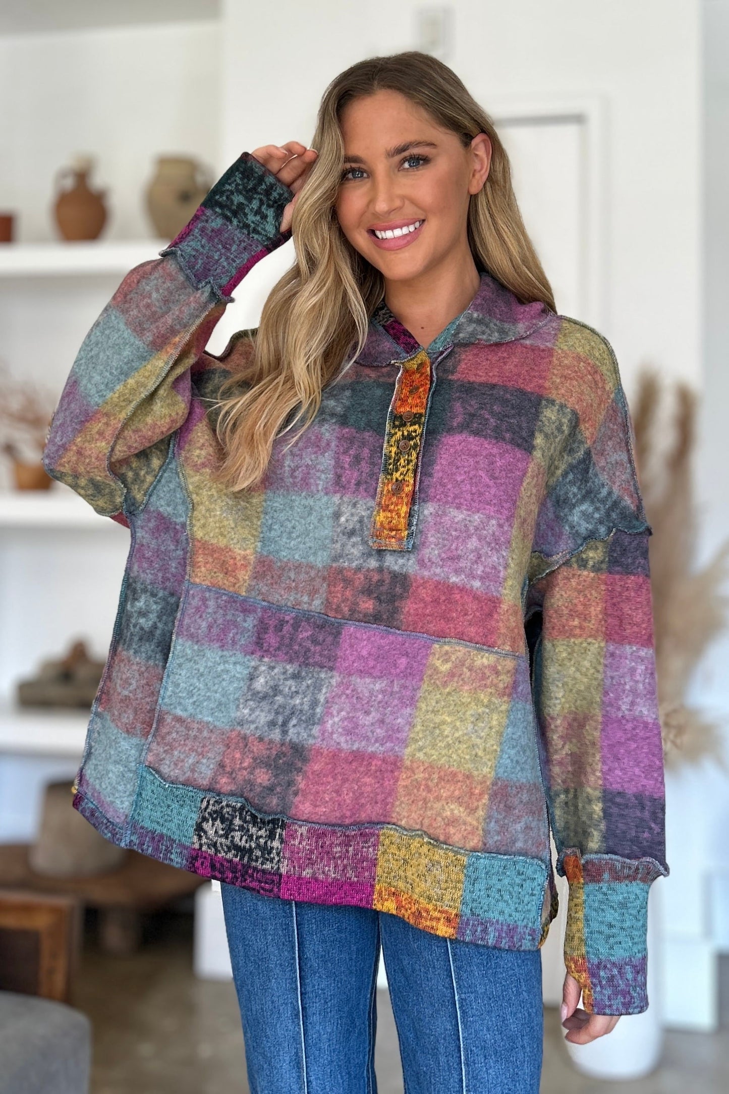 Double Take - Plaid Dropped Shoulder Hoodie