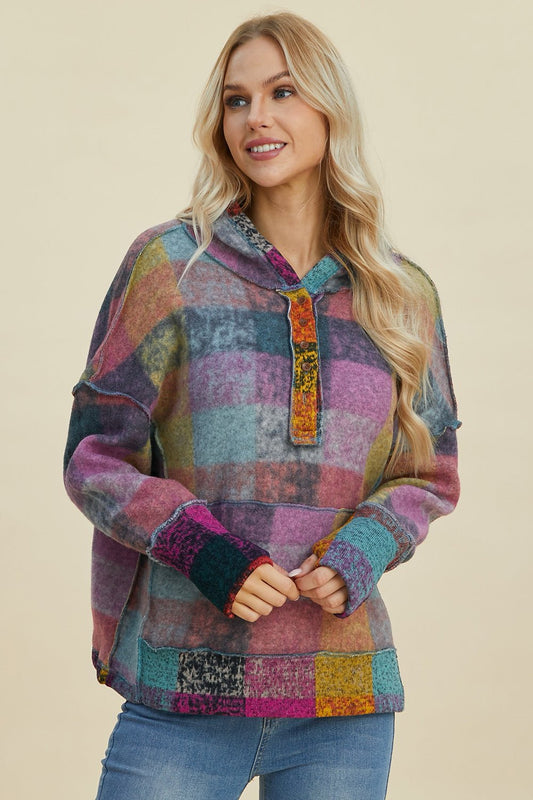 Double Take - Plaid Dropped Shoulder Hoodie