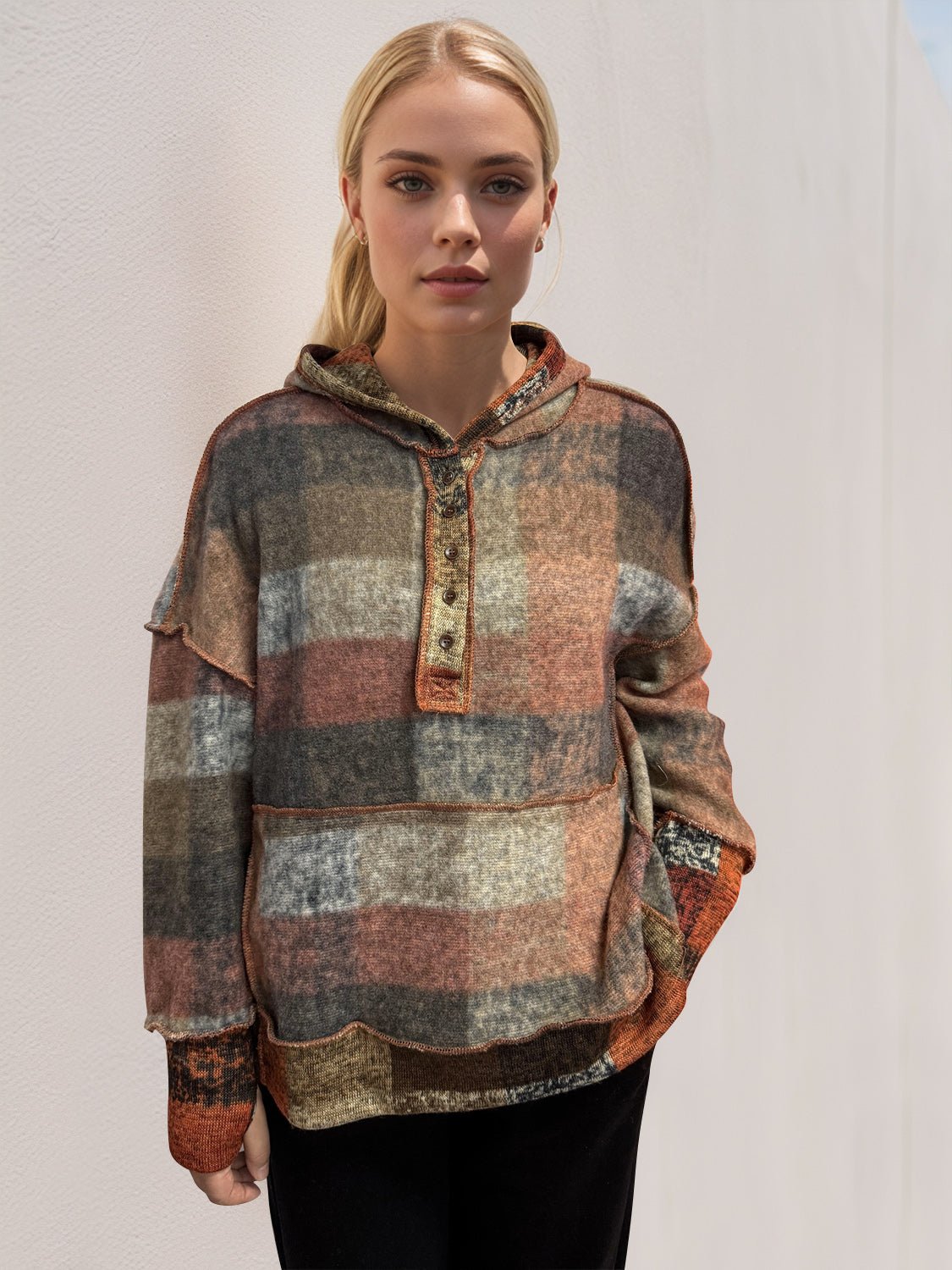 Double Take - Plaid Dropped Shoulder Hoodie