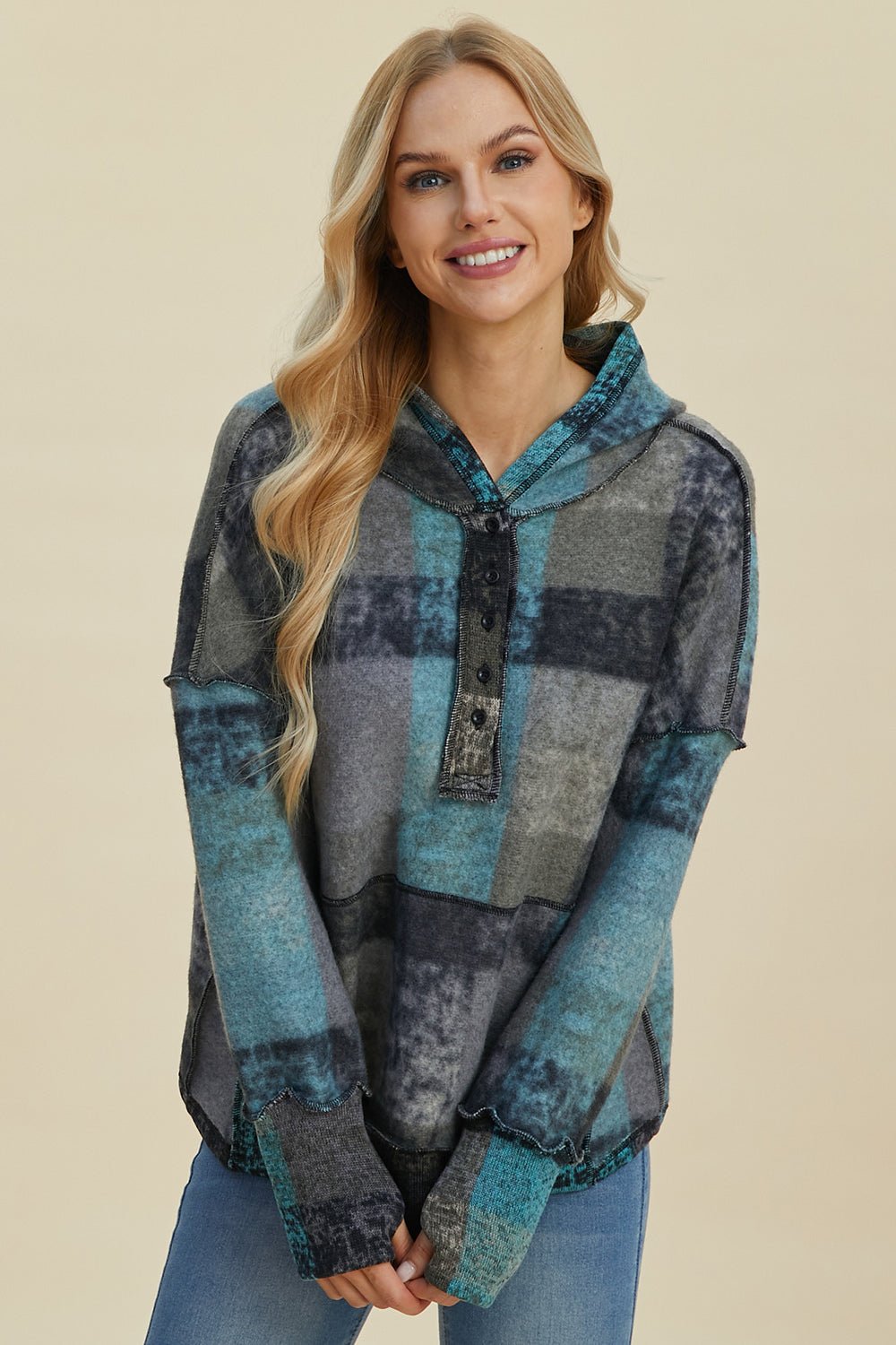 Double Take - Plaid Dropped Shoulder Hoodie