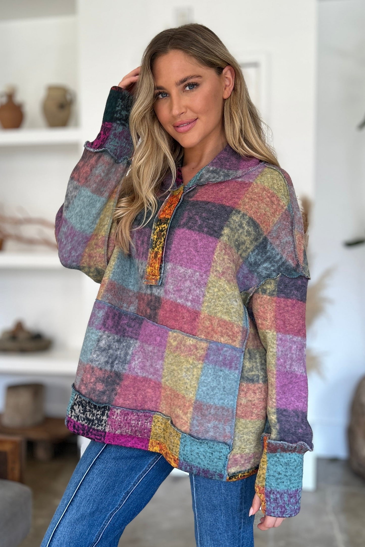 Double Take - Plaid Dropped Shoulder Hoodie