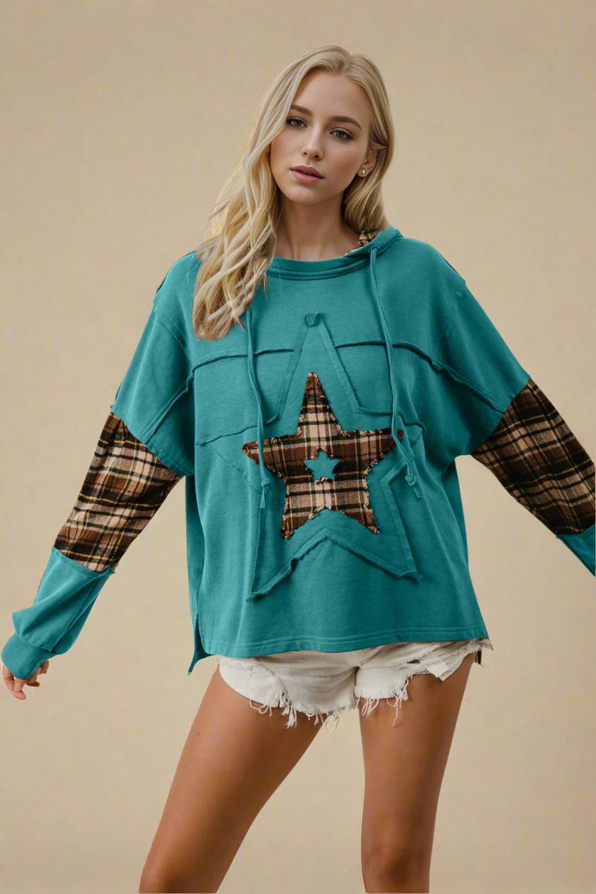 Double Take - Plaid Star Patch Long Sleeve Hoodie in Teal