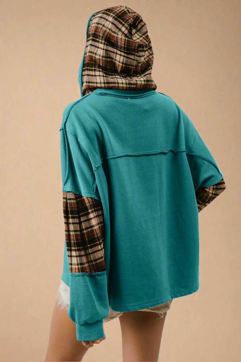 Double Take - Plaid Star Patch Long Sleeve Hoodie in Teal