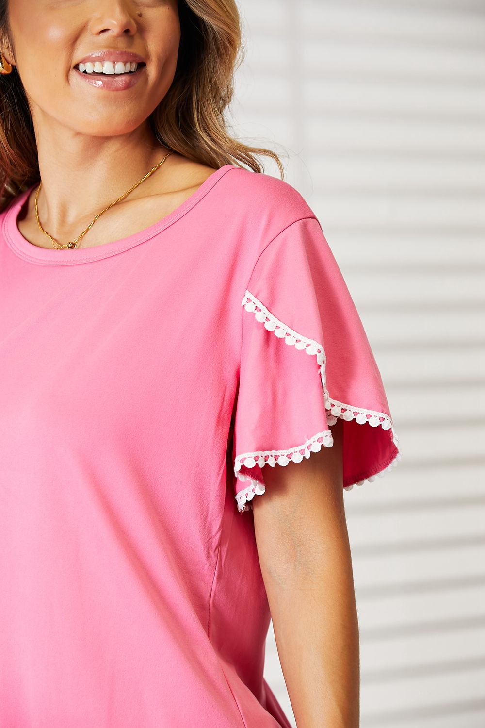 Double Take - Pom - Pom Trim Flutter Sleeve T-Shirt in Hot Pink