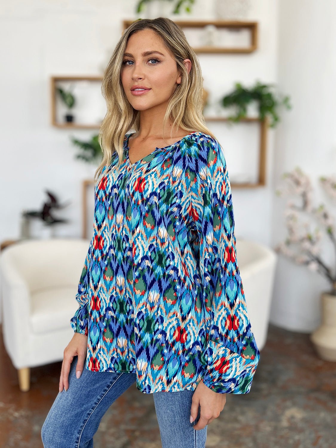 Double Take - Printed Balloon Sleeve Blouse