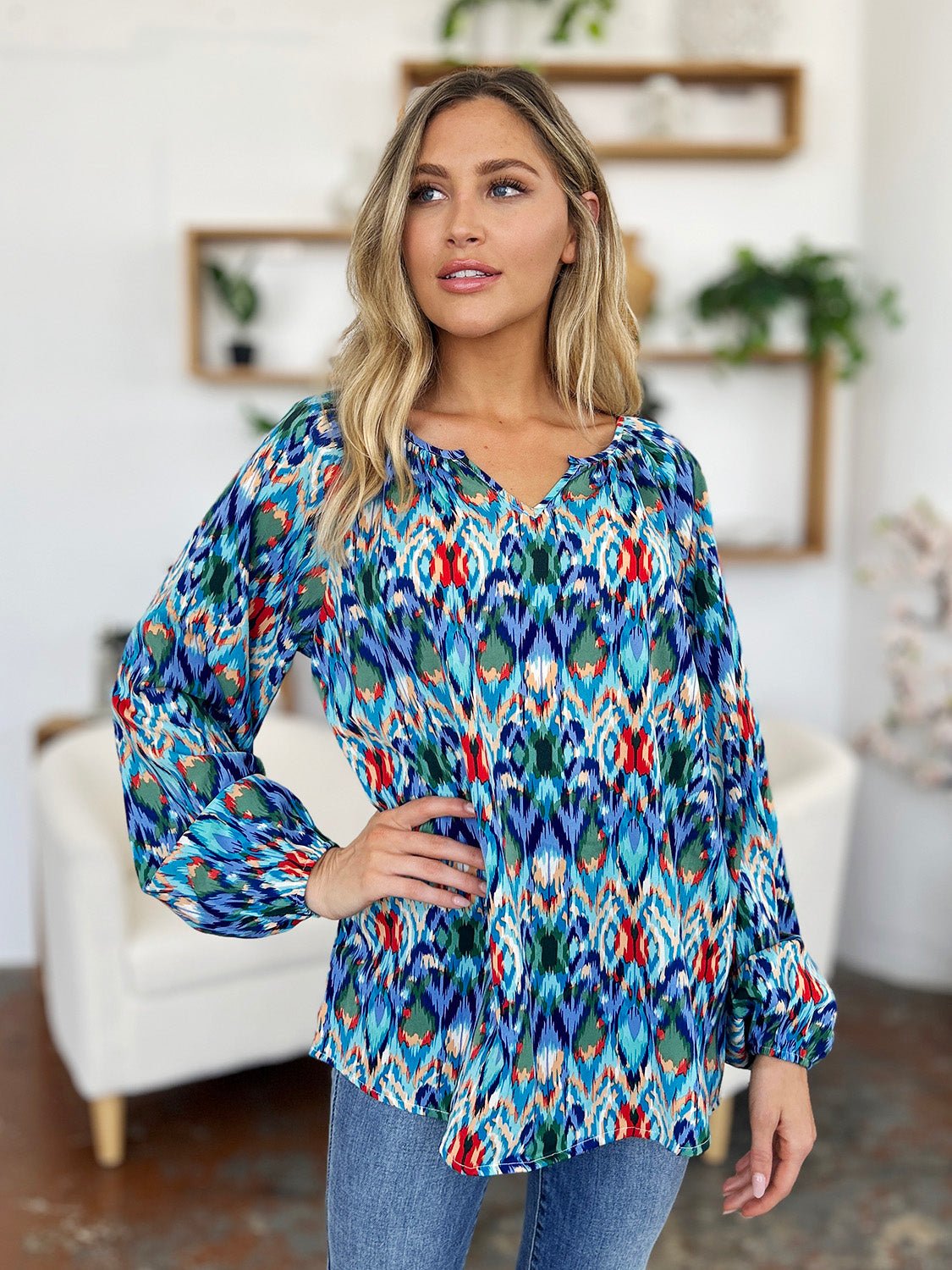 Double Take - Printed Balloon Sleeve Blouse