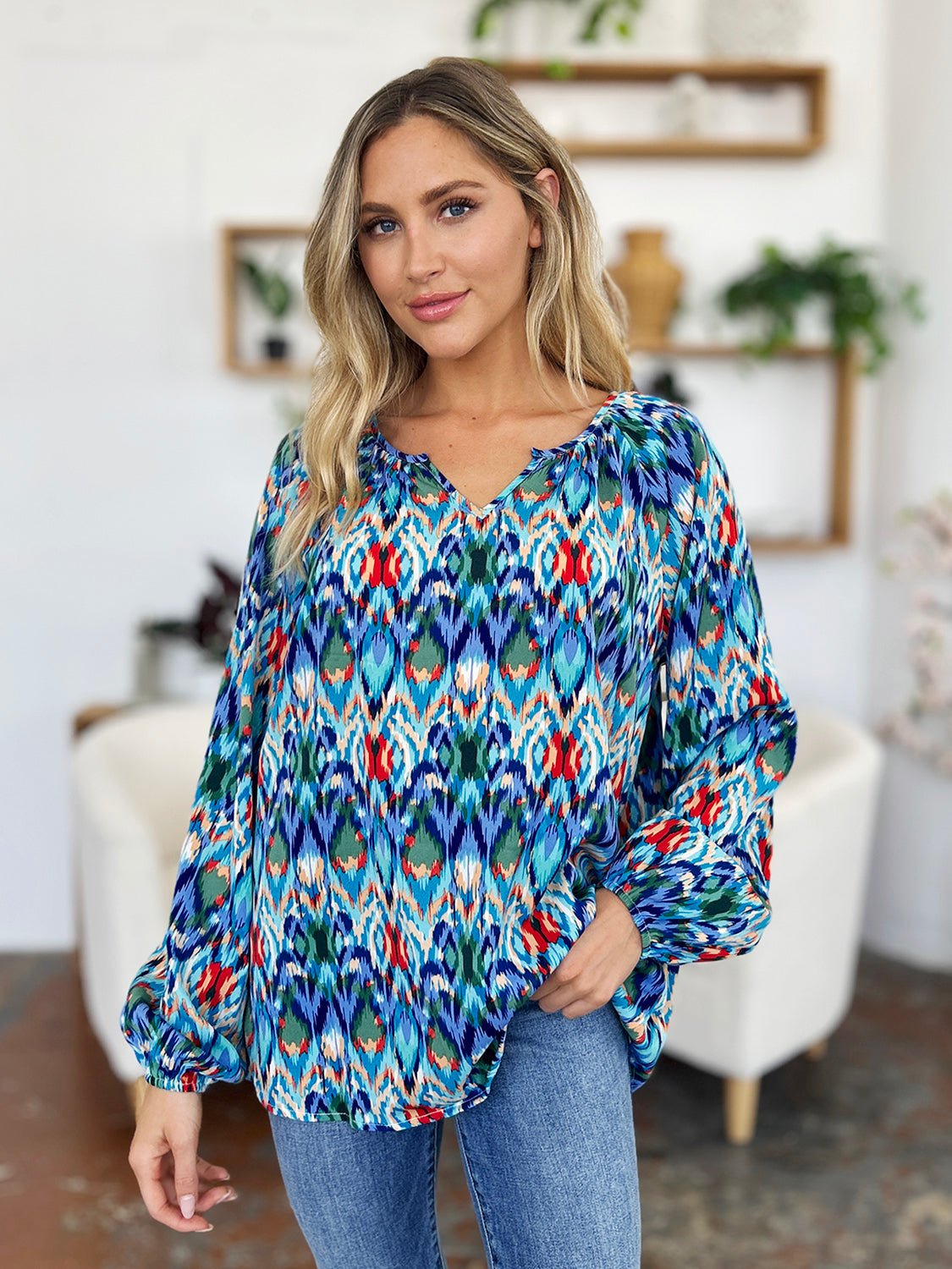 Double Take - Printed Balloon Sleeve Blouse