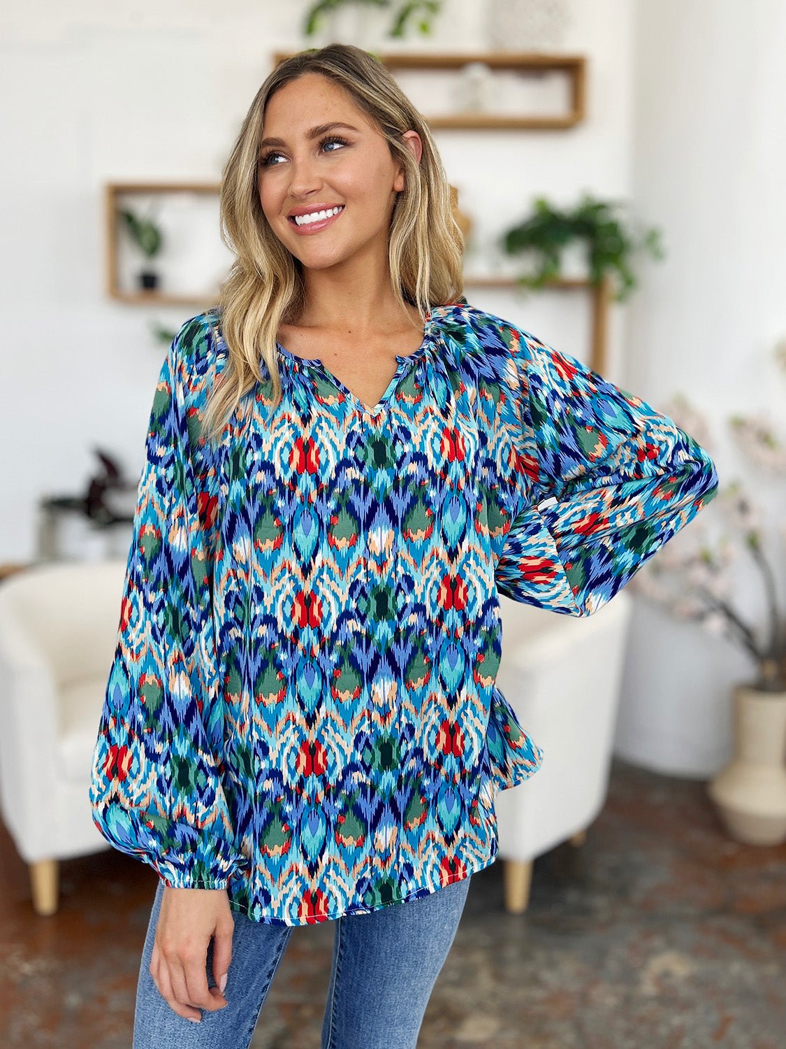 Double Take - Printed Balloon Sleeve Blouse