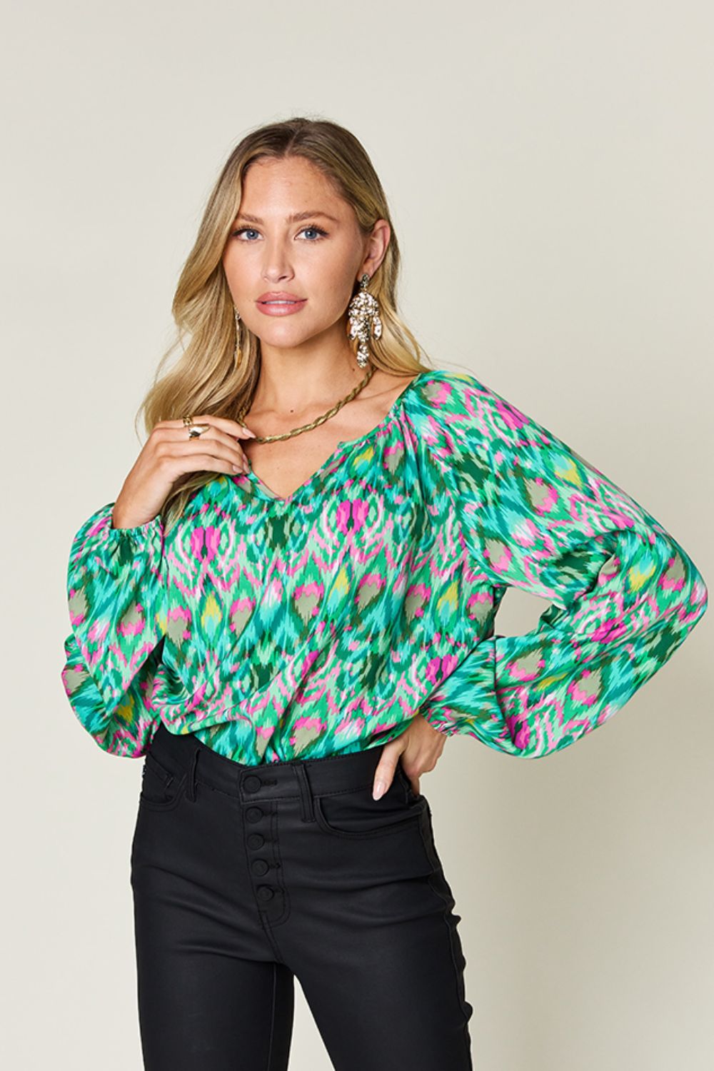 Double Take - Printed Balloon Sleeve Blouse