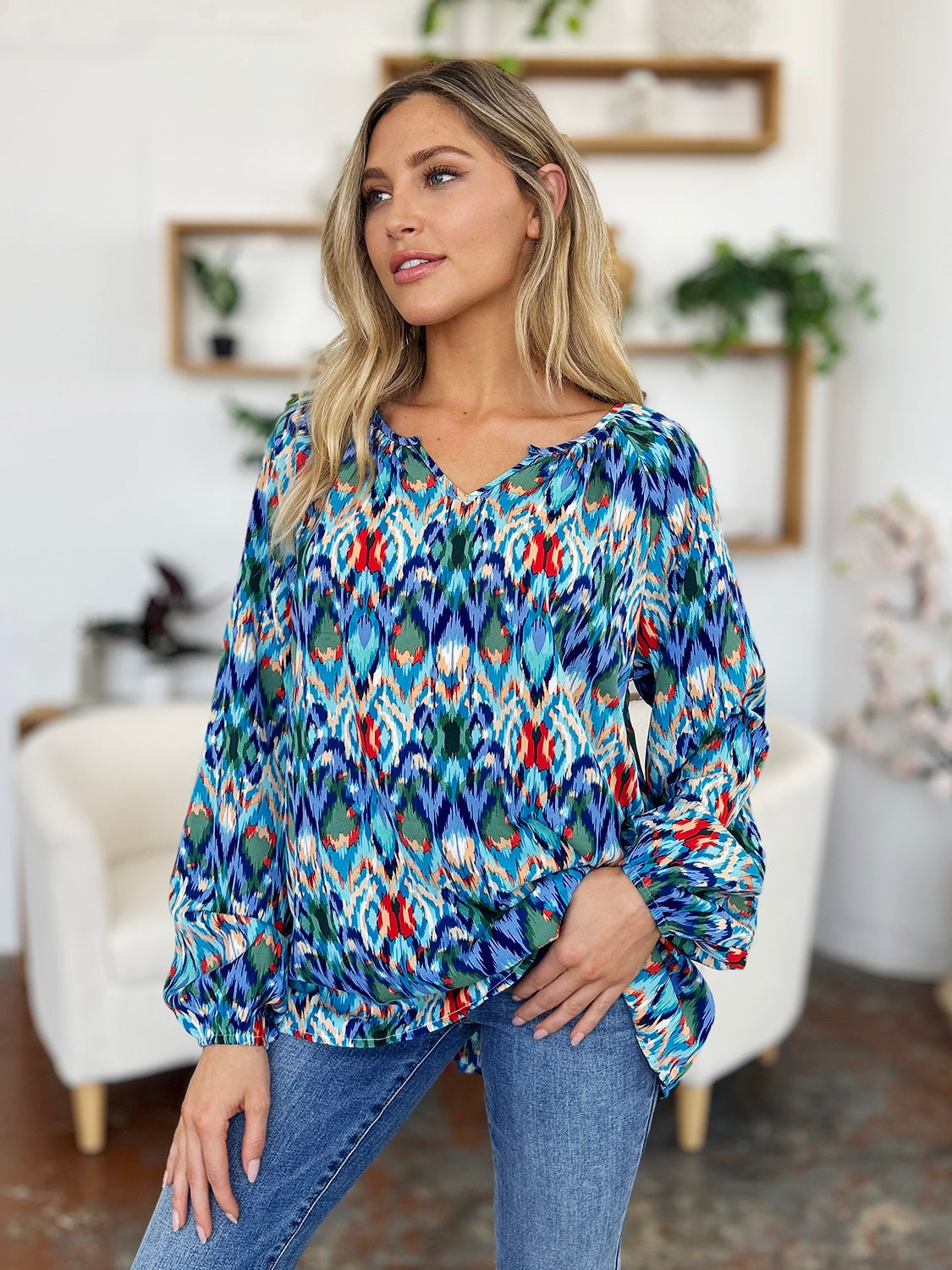 Double Take - Printed Balloon Sleeve Blouse