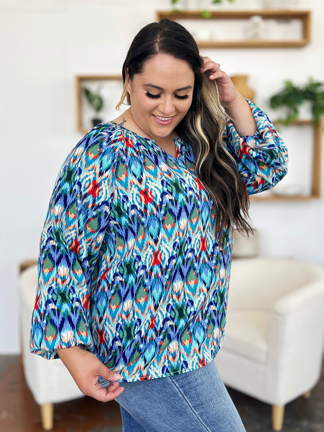 Double Take - Printed Balloon Sleeve Blouse