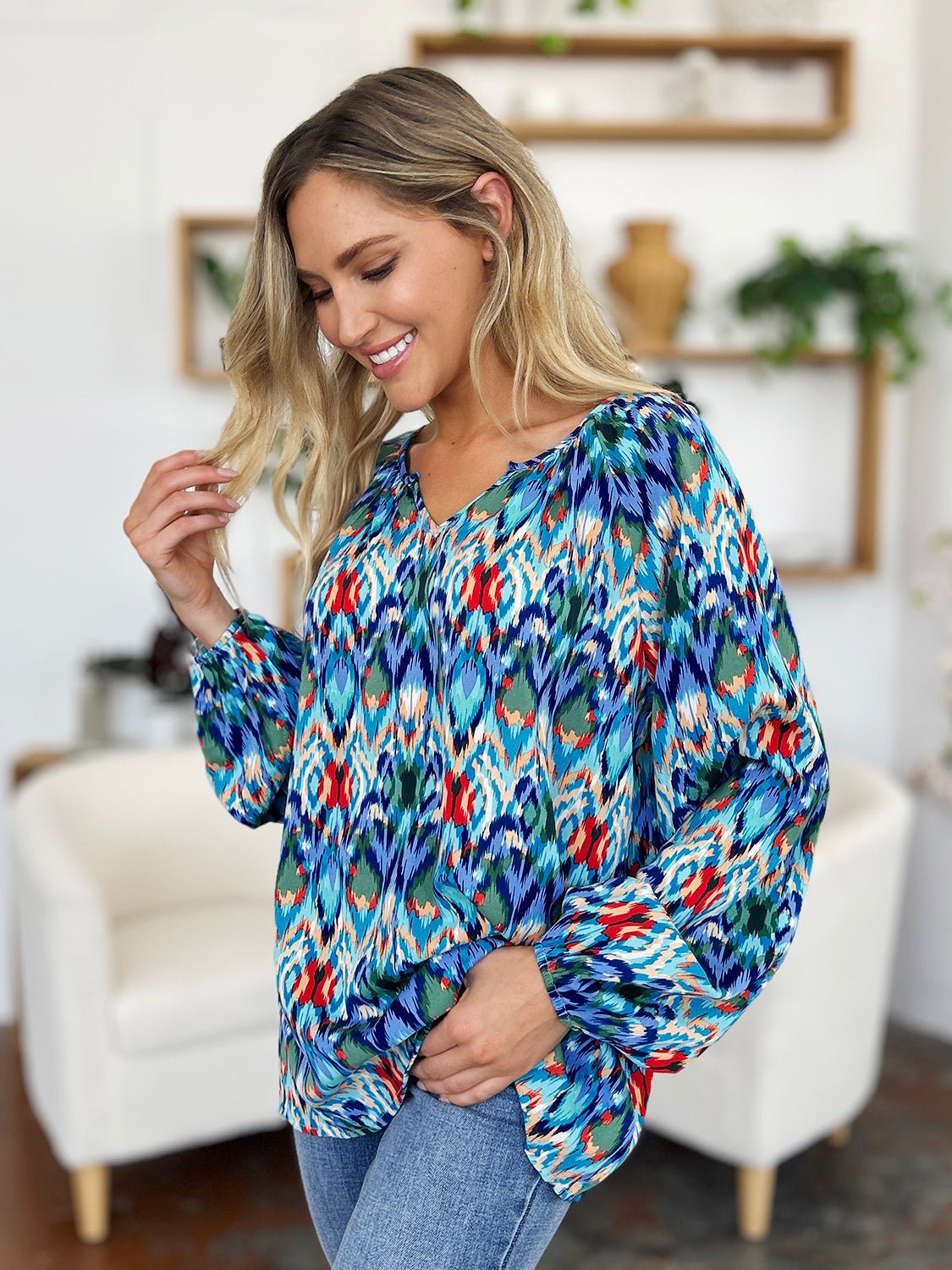 Double Take - Printed Balloon Sleeve Blouse