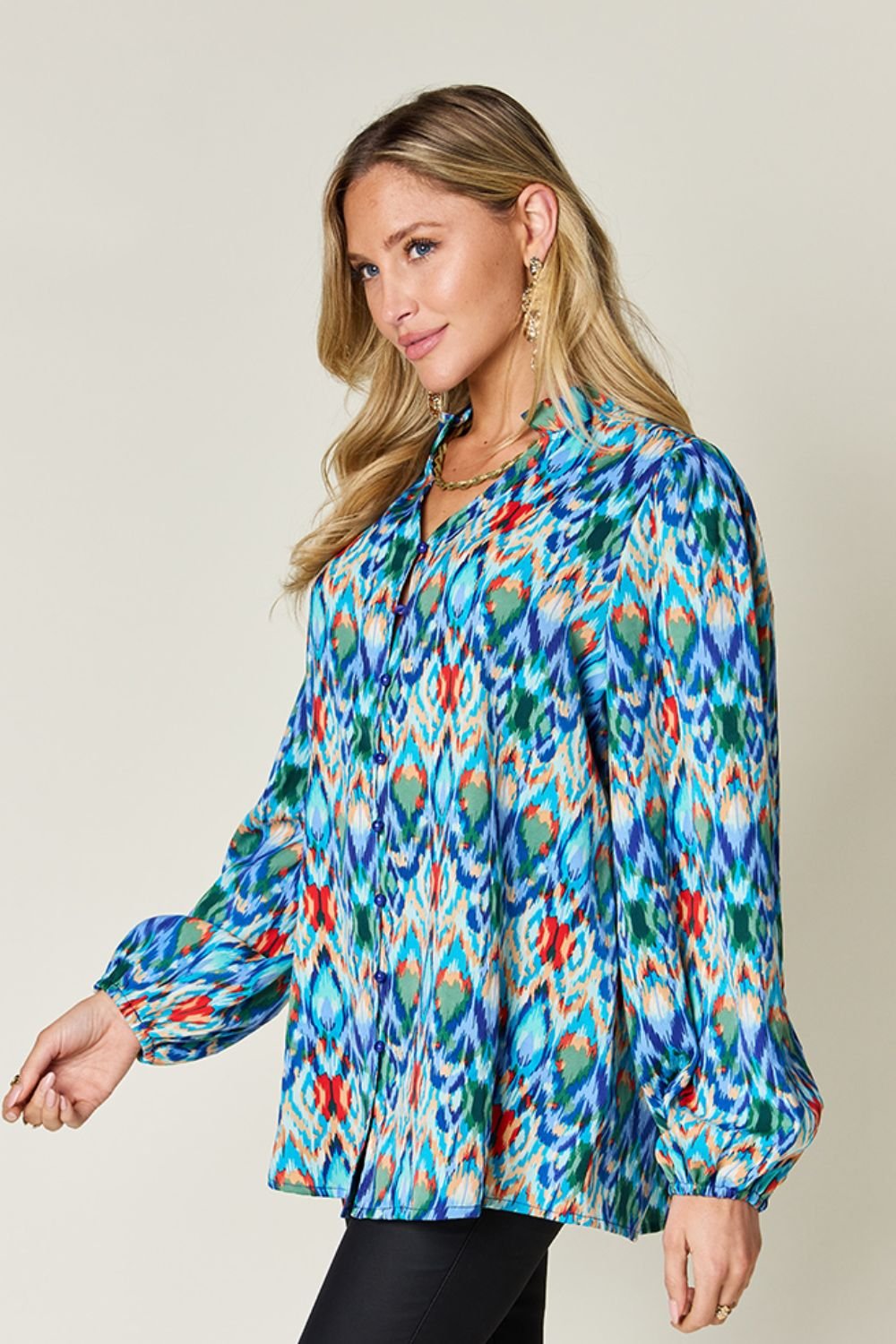 Double Take - Printed Balloon Sleeve Blouse in Sky Blue