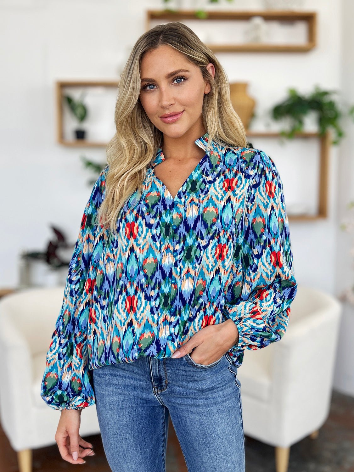 Double Take - Printed Balloon Sleeve Blouse in Sky Blue