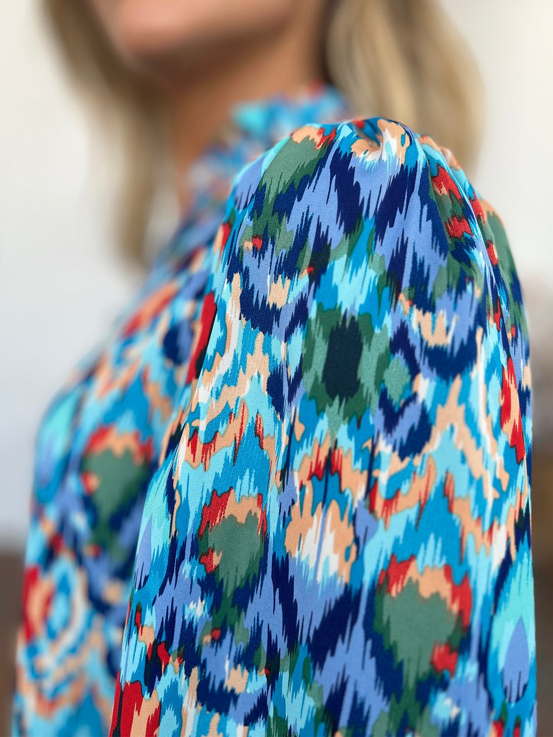 Double Take - Printed Balloon Sleeve Blouse in Sky Blue