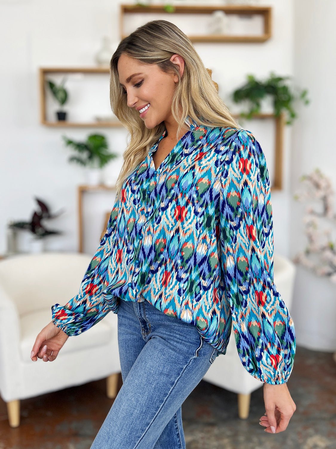 Double Take - Printed Balloon Sleeve Blouse in Sky Blue