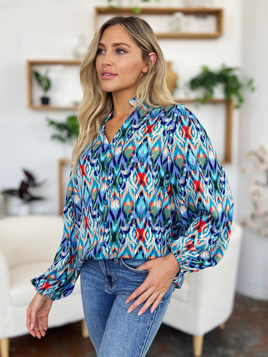 Double Take - Printed Balloon Sleeve Blouse in Sky Blue