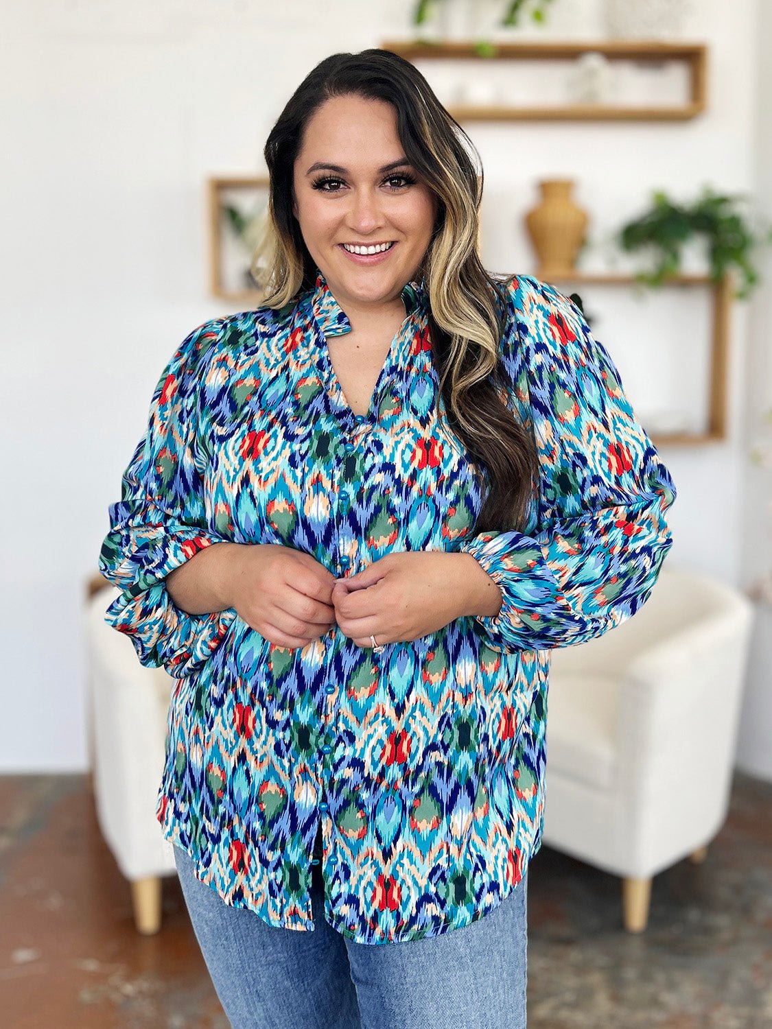 Double Take - Printed Balloon Sleeve Blouse in Sky Blue