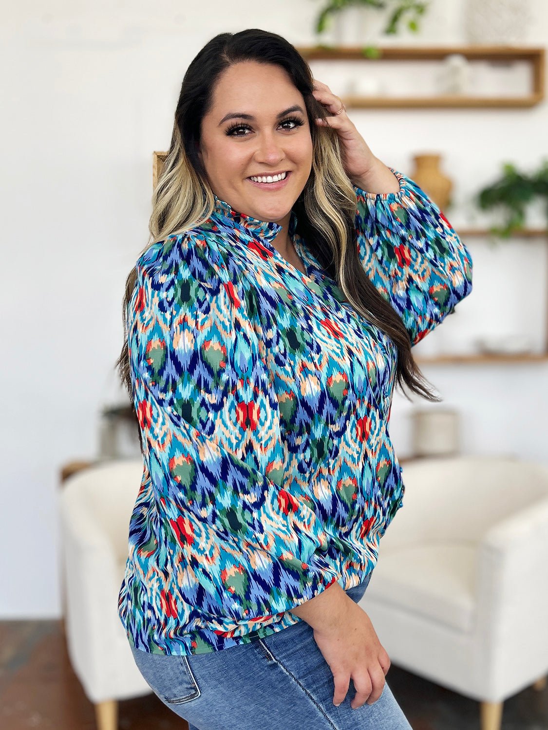 Double Take - Printed Balloon Sleeve Blouse in Sky Blue