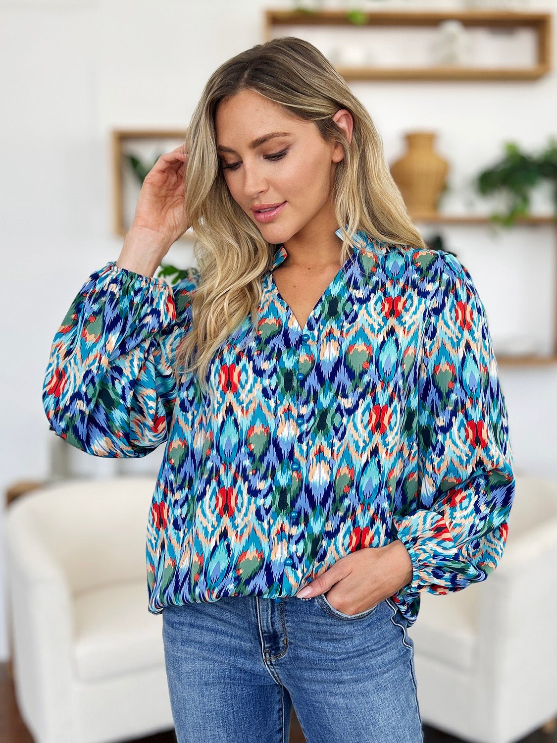 Double Take - Printed Balloon Sleeve Blouse in Sky Blue