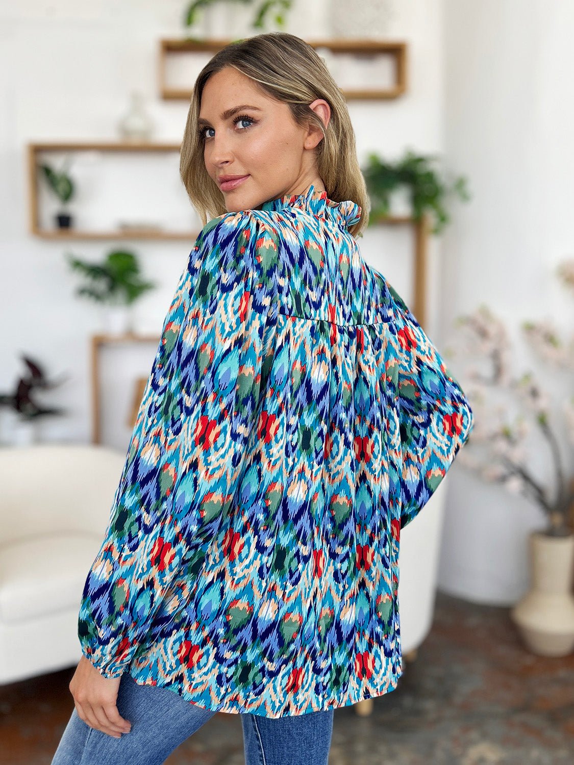 Double Take - Printed Balloon Sleeve Blouse in Sky Blue