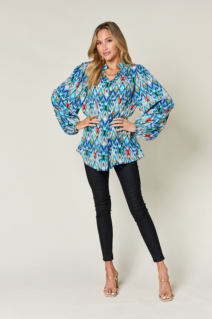 Double Take - Printed Balloon Sleeve Blouse in Sky Blue