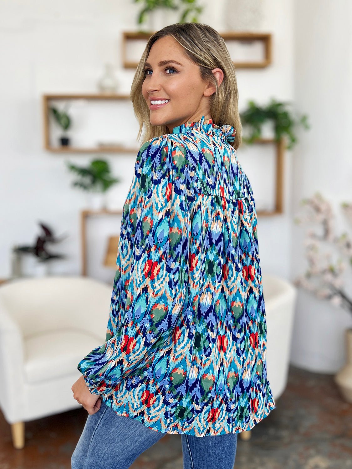 Double Take - Printed Balloon Sleeve Blouse in Sky Blue