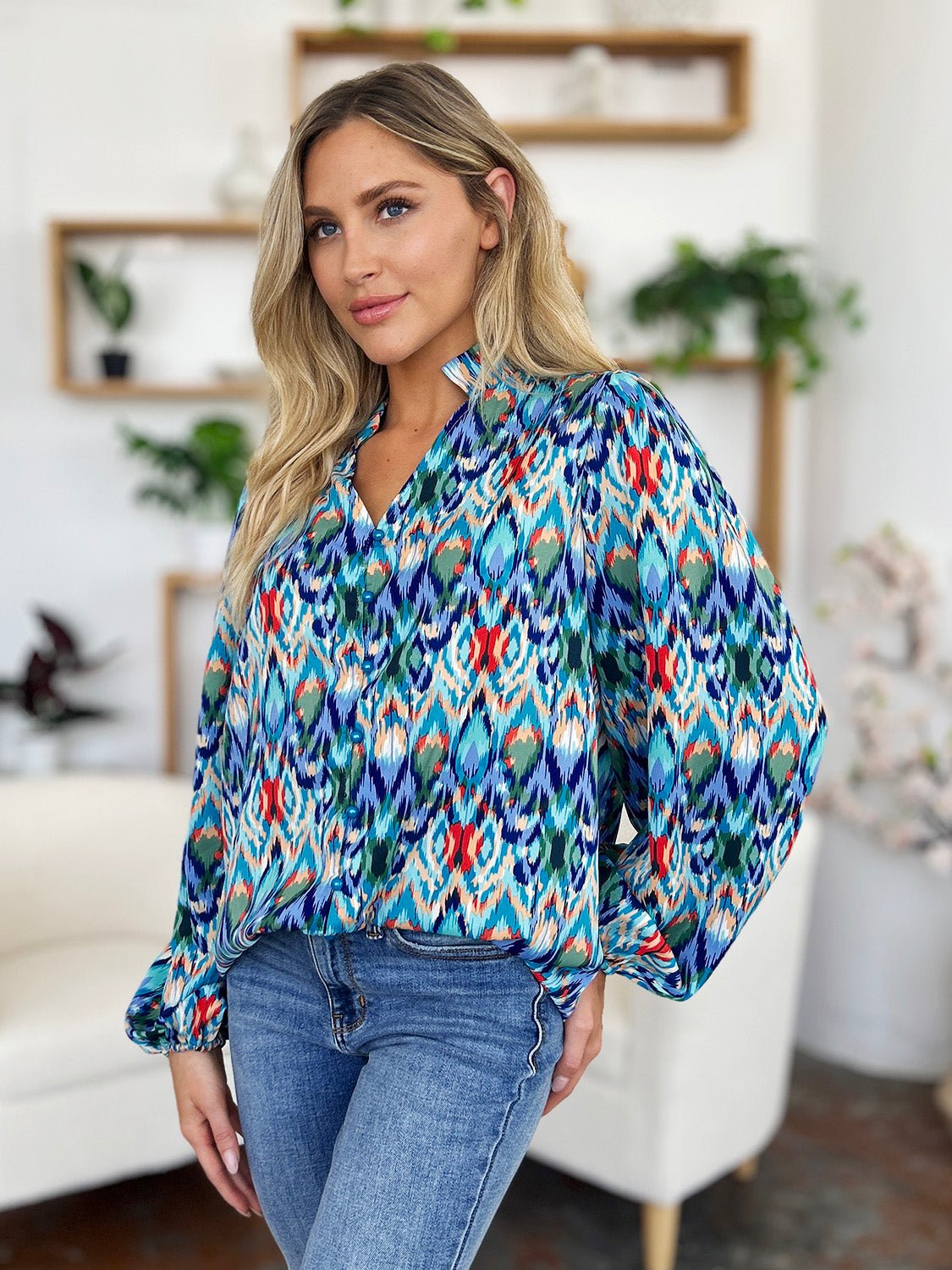 Double Take - Printed Balloon Sleeve Blouse in Sky Blue