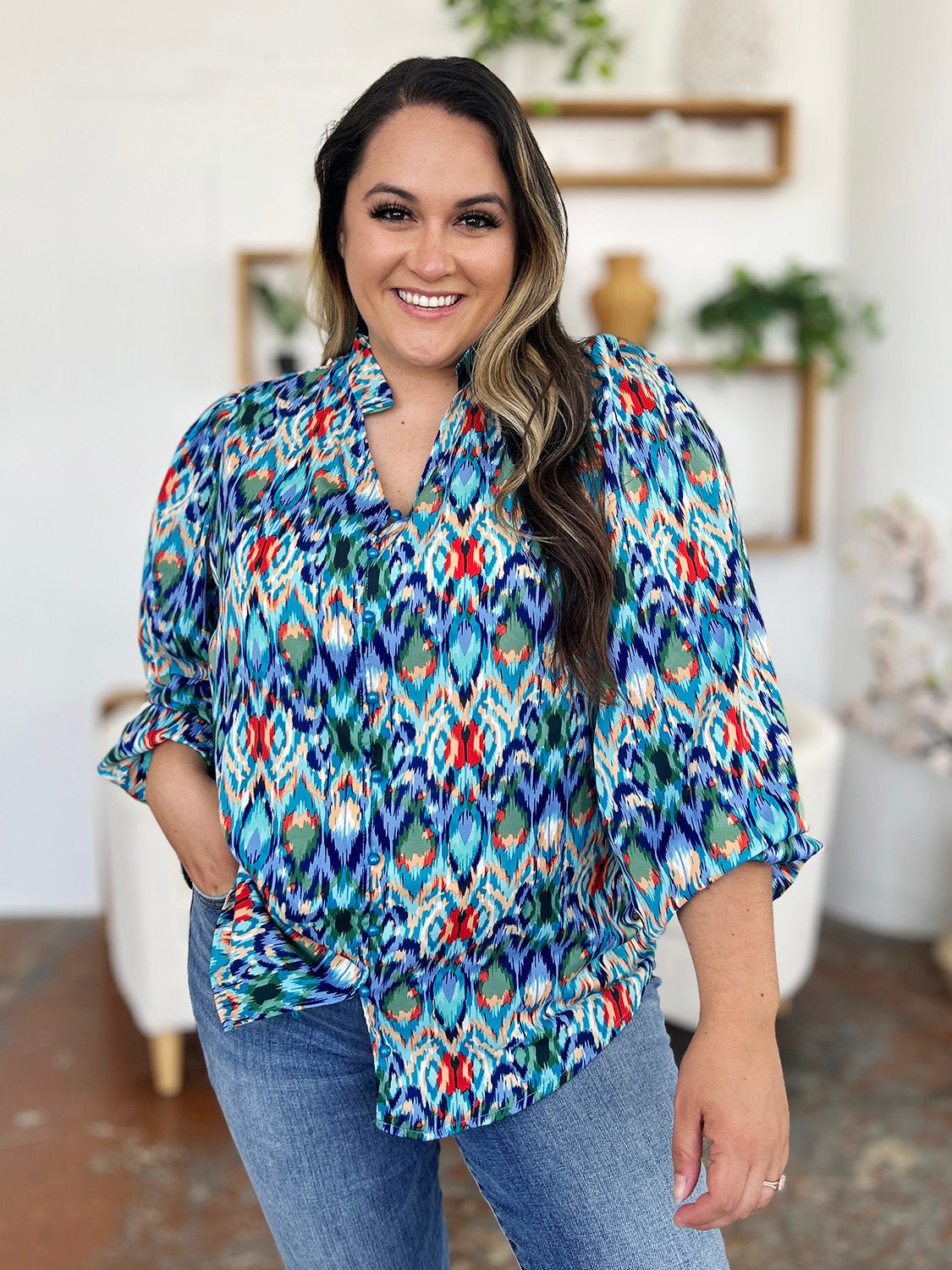 Double Take - Printed Balloon Sleeve Blouse in Sky Blue