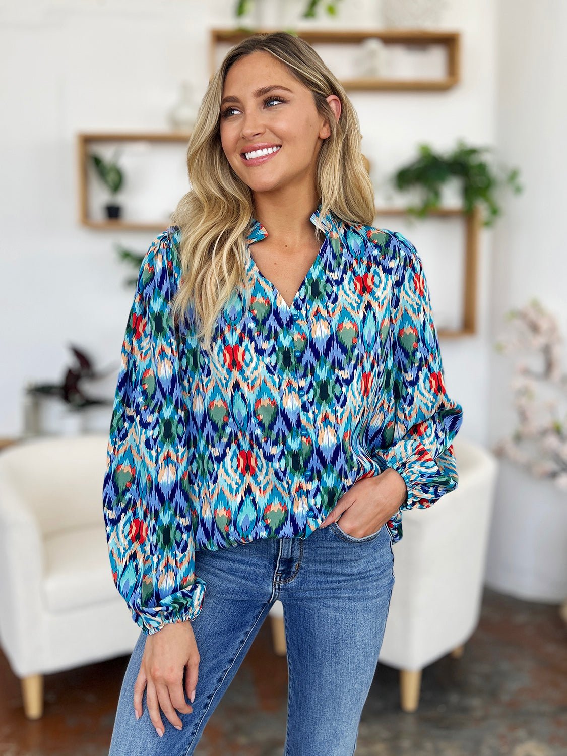 Double Take - Printed Balloon Sleeve Blouse in Sky Blue