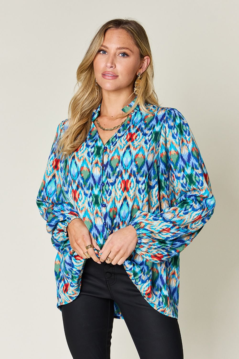 Double Take - Printed Balloon Sleeve Blouse in Sky Blue