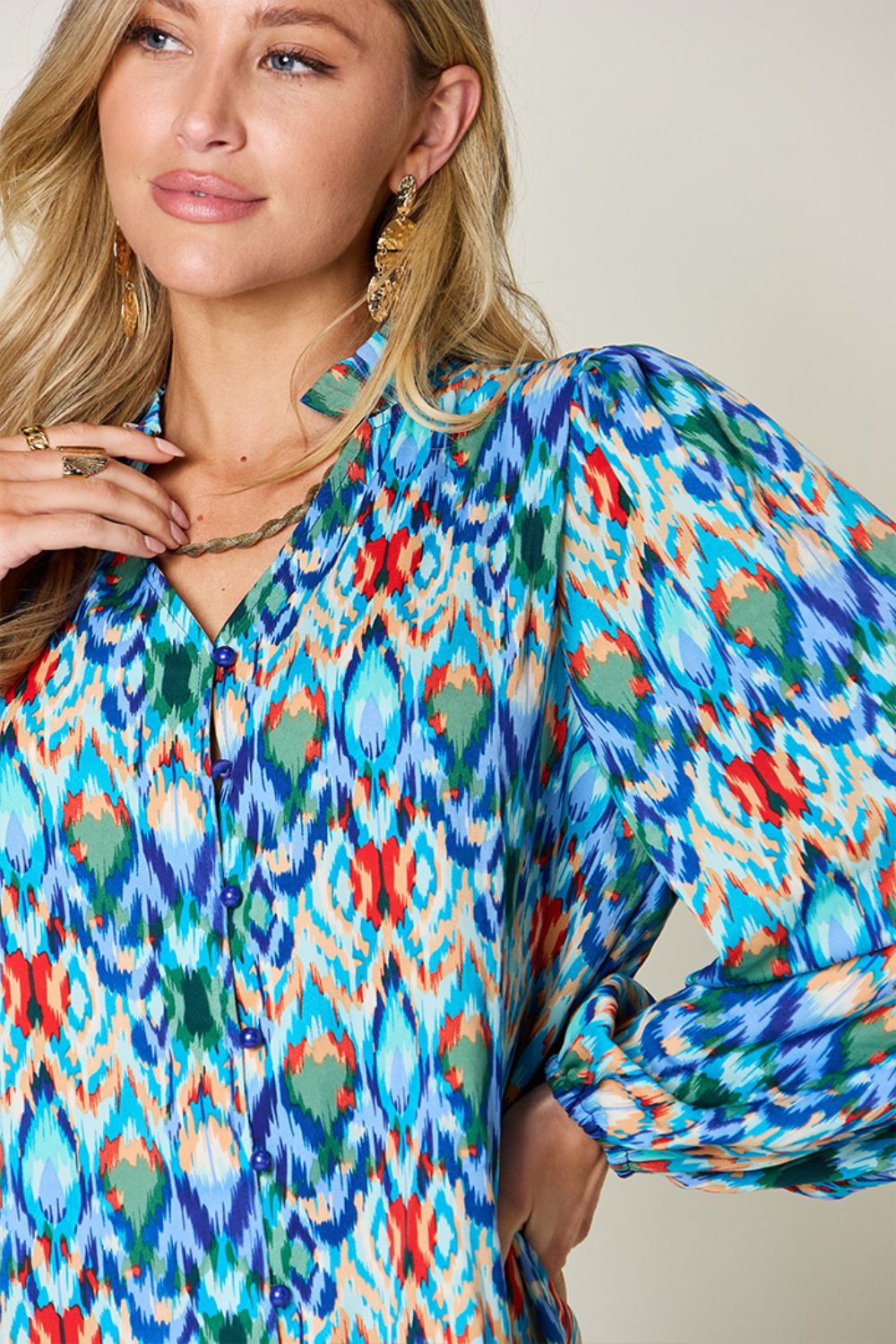 Double Take - Printed Balloon Sleeve Blouse in Sky Blue