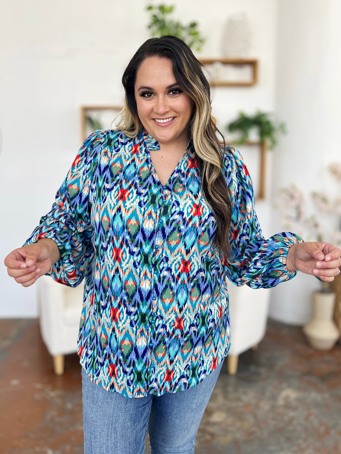 Double Take - Printed Balloon Sleeve Blouse in Sky Blue