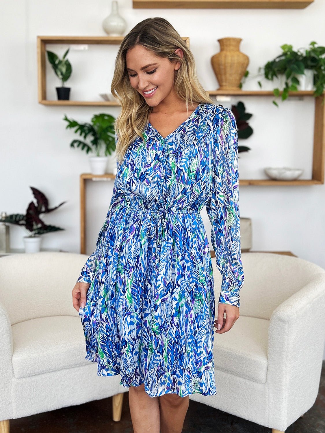 Double Take - Printed Drawstring Waist Long Sleeve Knee - Length Dress