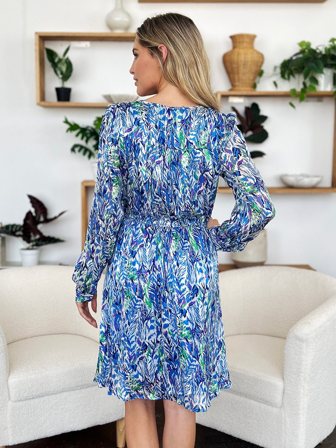 Double Take - Printed Drawstring Waist Long Sleeve Knee - Length Dress