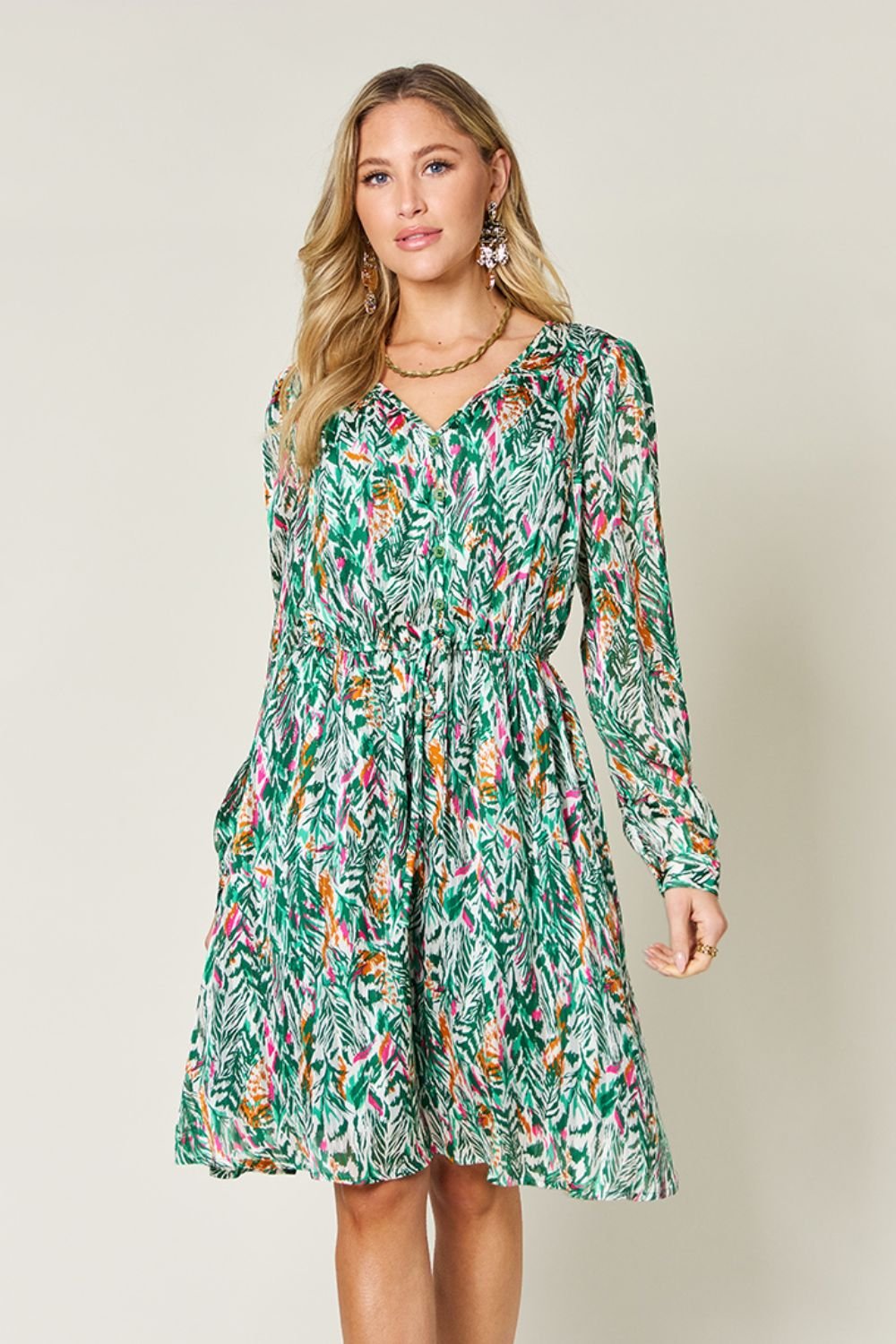 Double Take - Printed Drawstring Waist Long Sleeve Knee - Length Dress