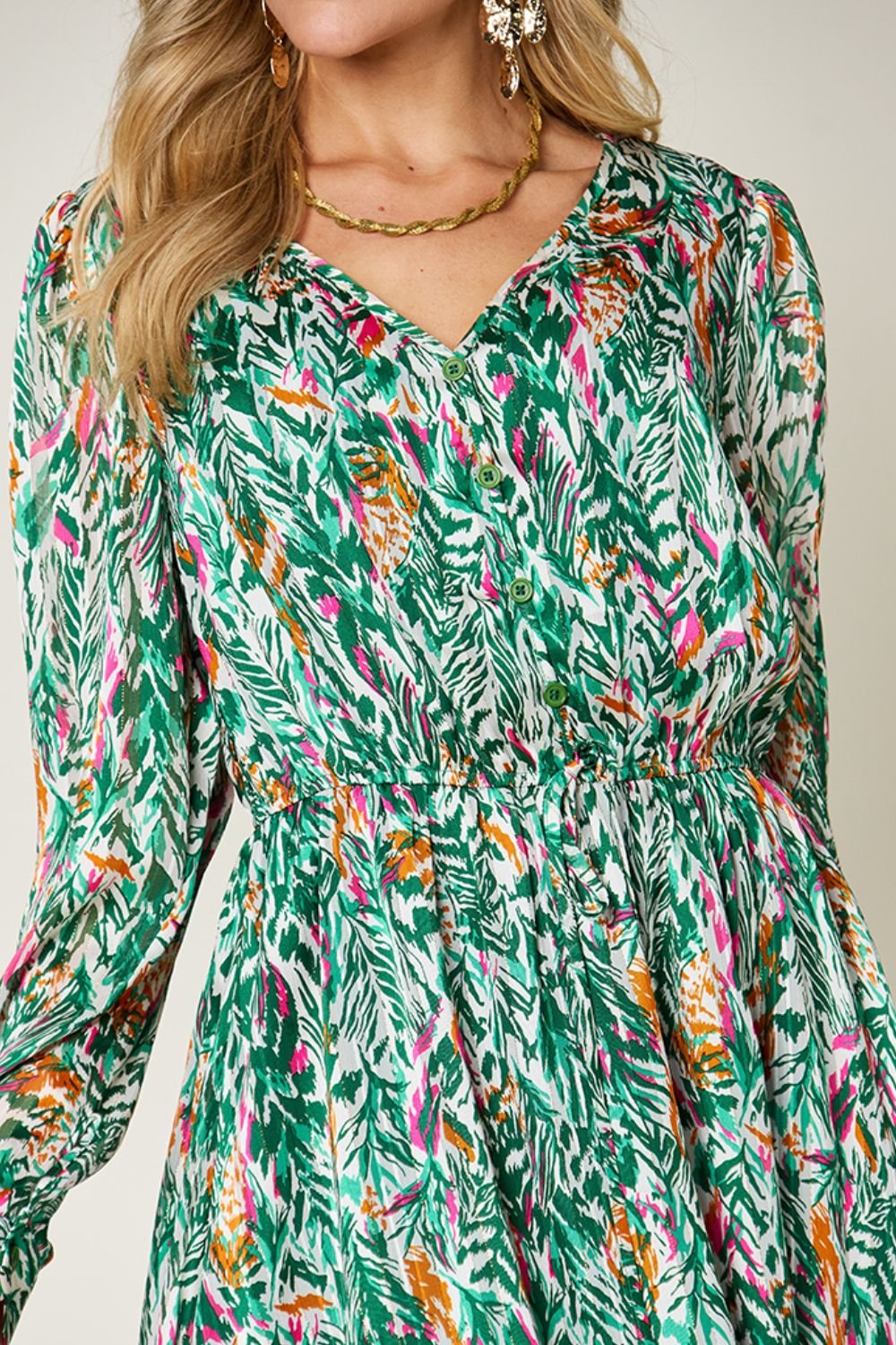 Double Take - Printed Drawstring Waist Long Sleeve Knee - Length Dress