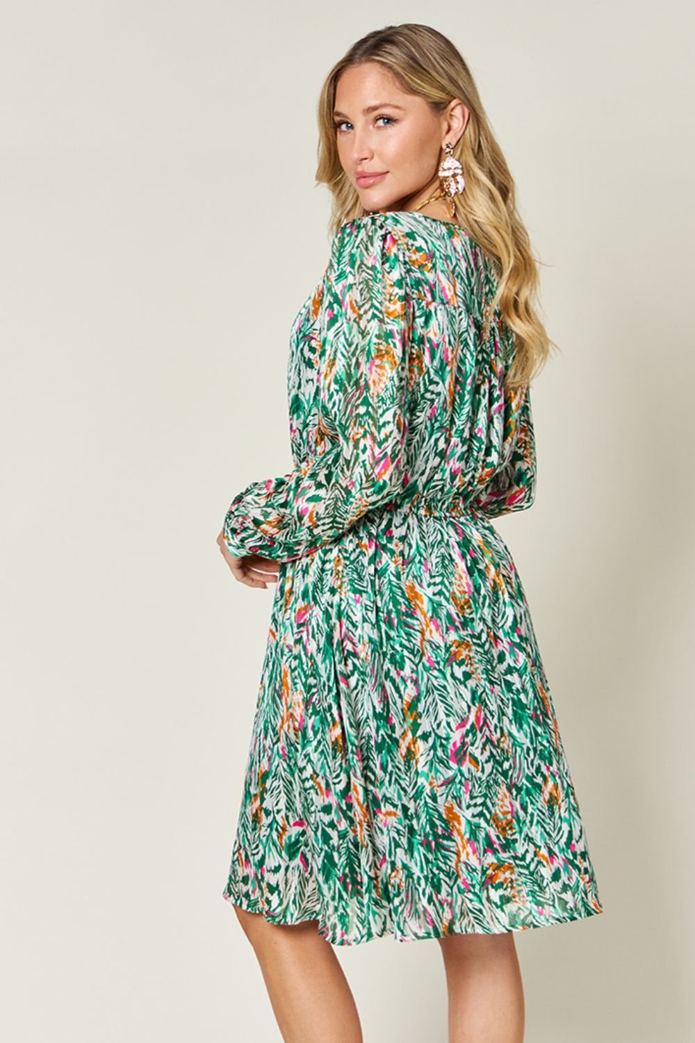 Double Take - Printed Drawstring Waist Long Sleeve Knee - Length Dress