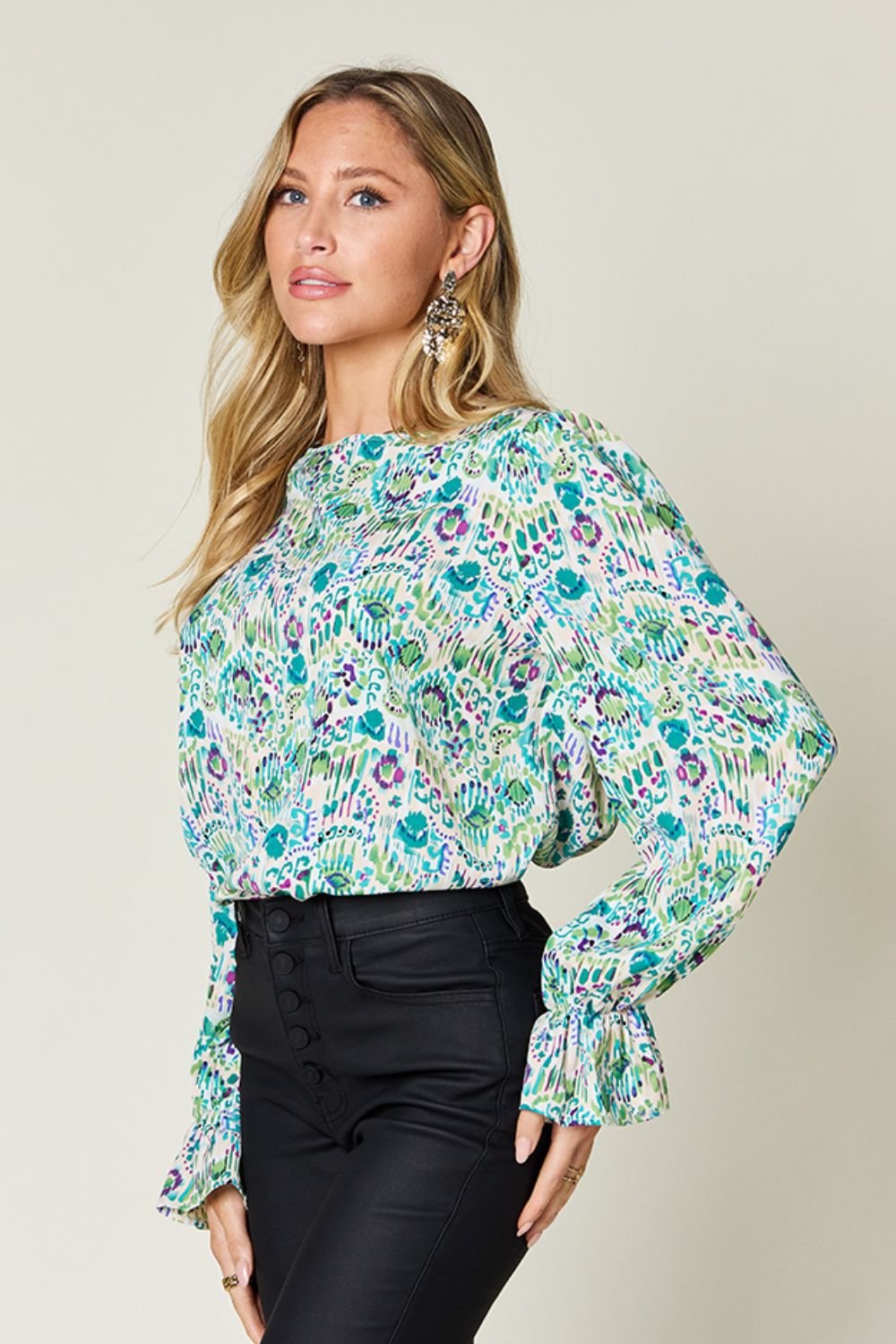 Double Take - Printed Flounce Sleeve Blouse