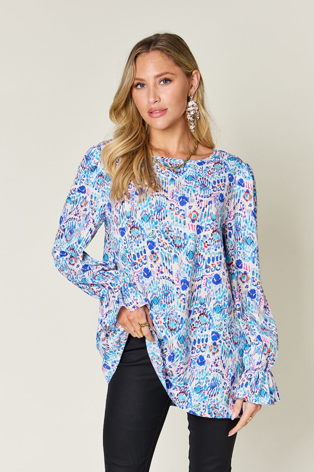 Double Take - Printed Flounce Sleeve Blouse