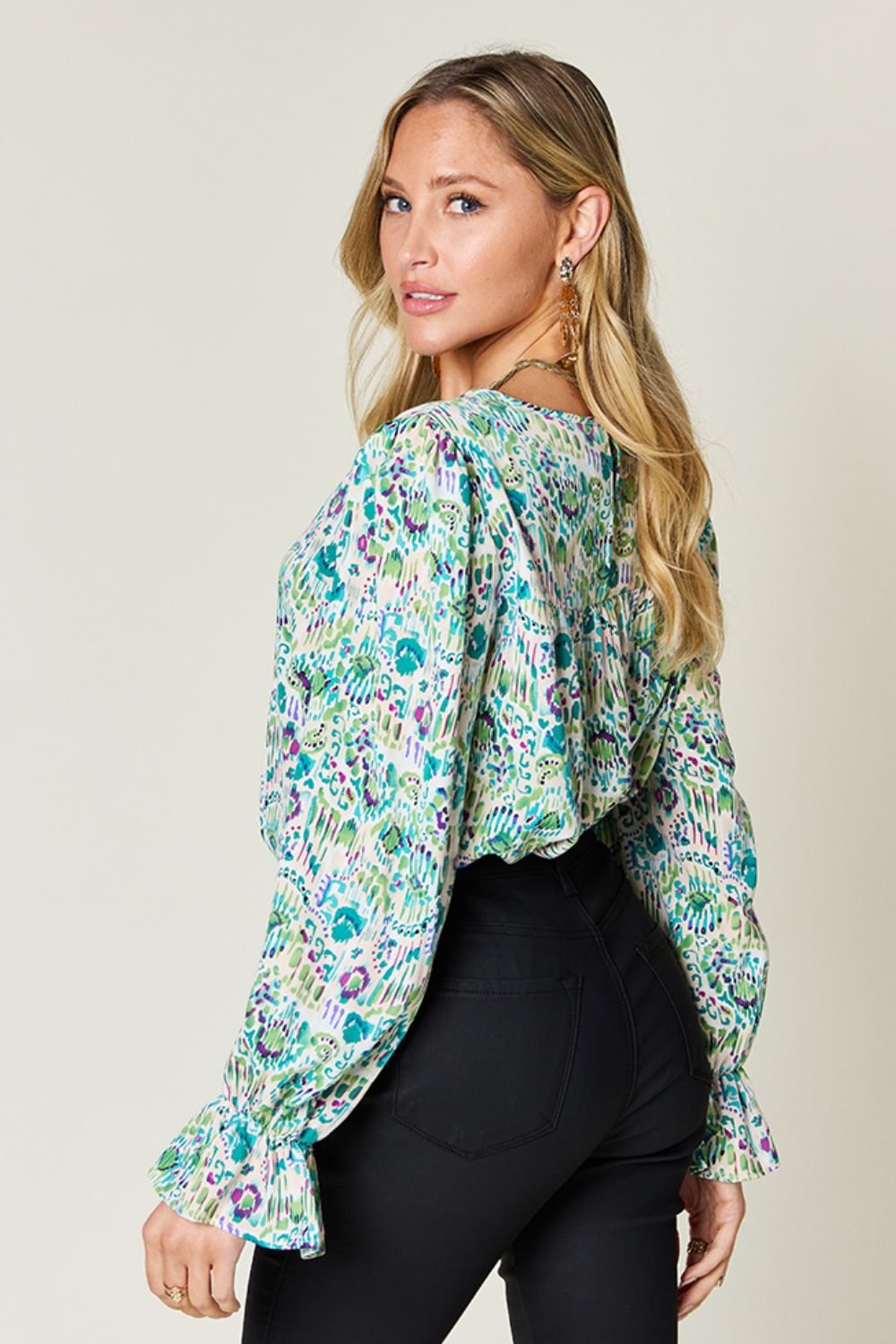 Double Take - Printed Flounce Sleeve Blouse