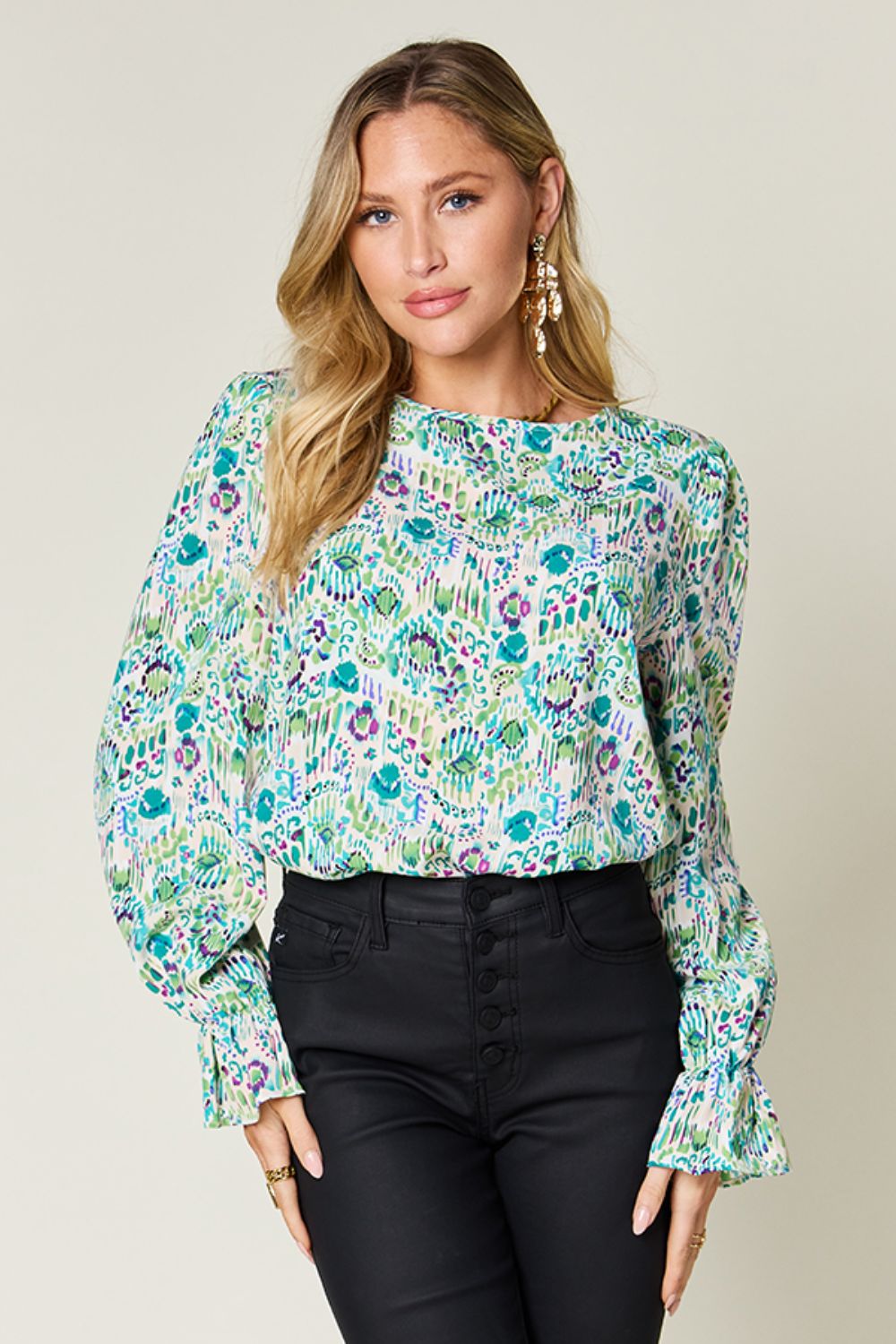 Double Take - Printed Flounce Sleeve Blouse