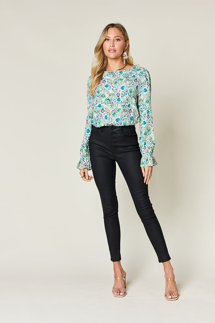 Double Take - Printed Flounce Sleeve Blouse