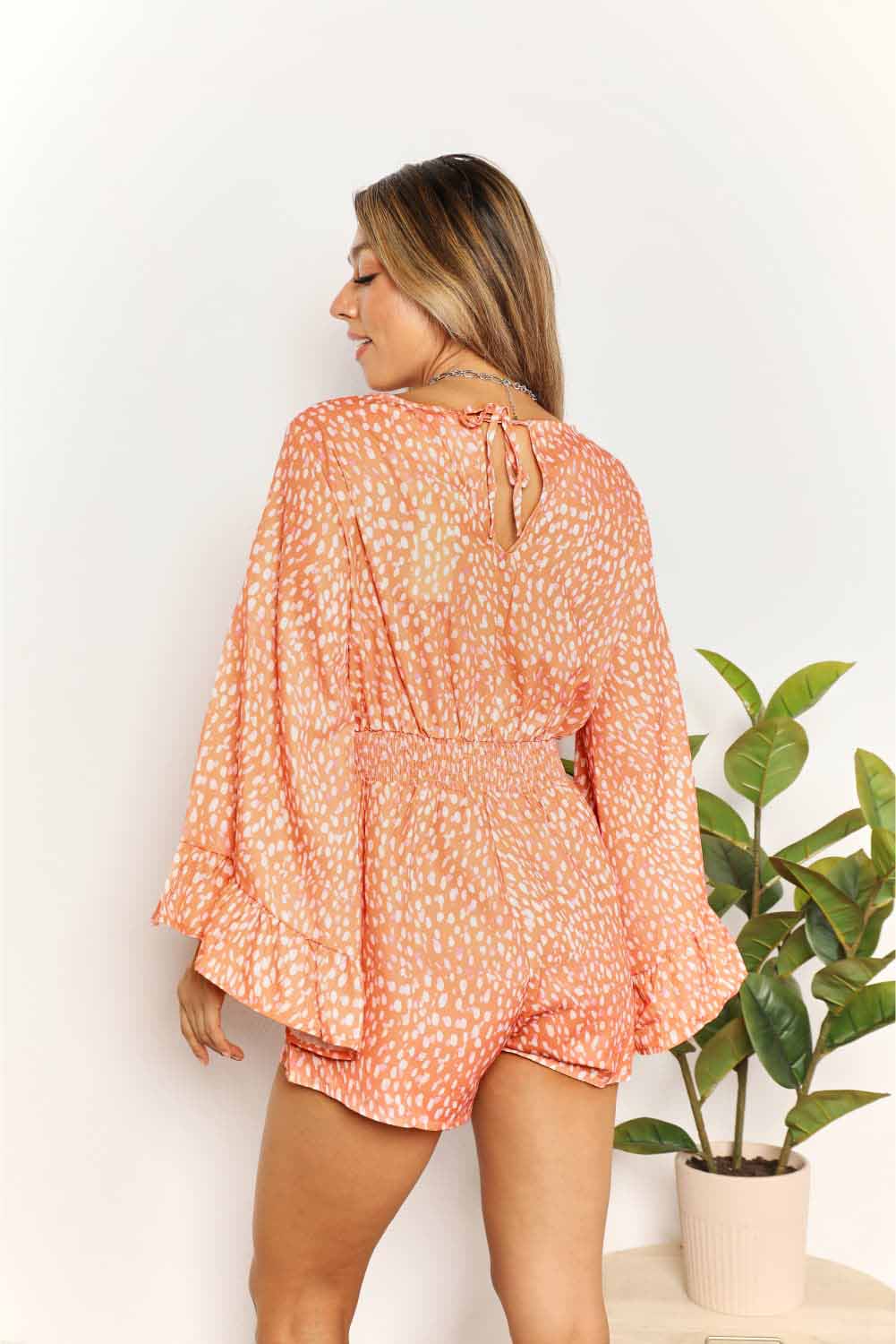 Double Take - Printed Long Flare Sleeve V - Neck Romper in Tangerine