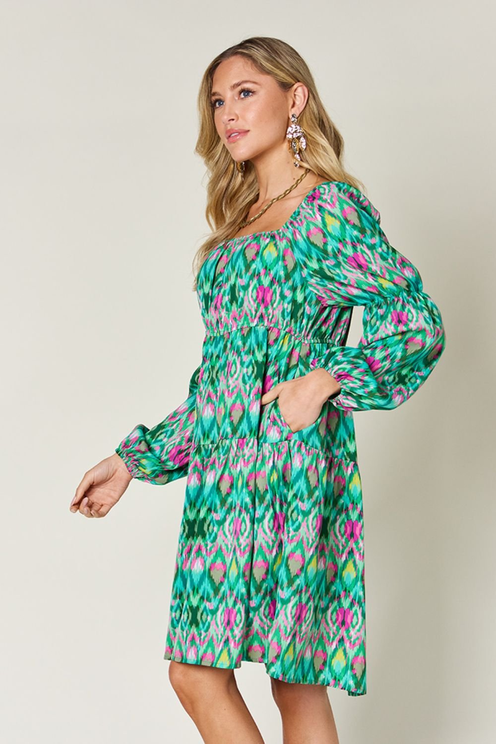 Double Take - Printed Long Sleeve Mini Dress with Pockets