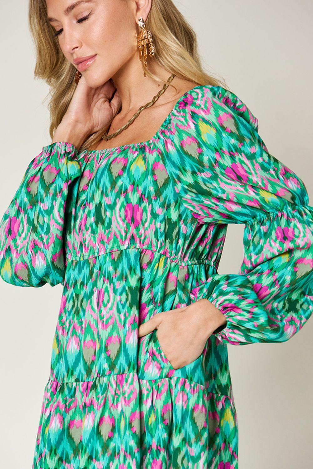 Double Take - Printed Long Sleeve Mini Dress with Pockets