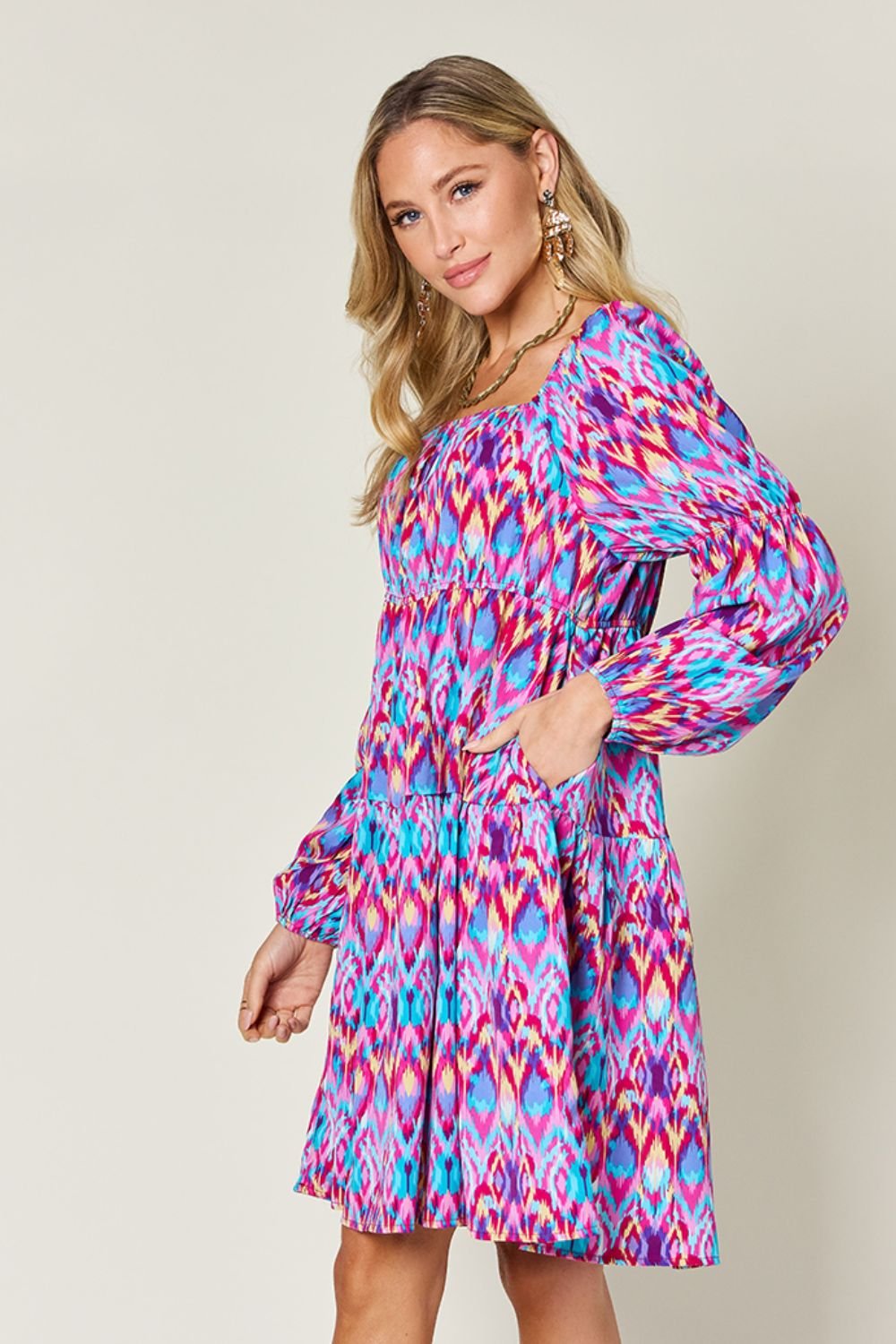 Double Take - Printed Long Sleeve Mini Dress with Pockets